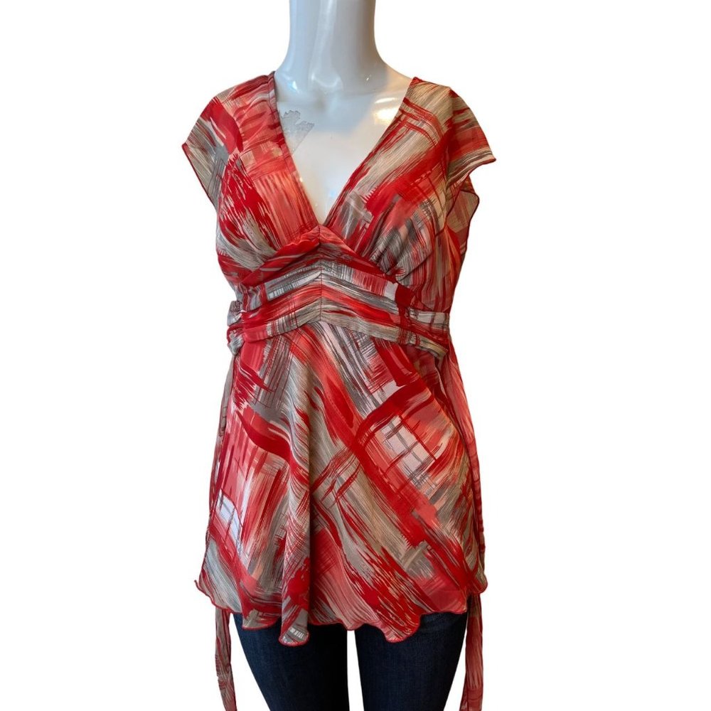 Jonathan Martin Womens Tunic Blouse Top Brush Stroke Tie Waist Silver Red Size M